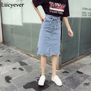 Lucyever Vintage plauti denim moterų sijonai Vasaros padalinta korėjos midi sijonai kietas atsitiktinis preppy stilius varčias, džinsai, sijonai, ponios