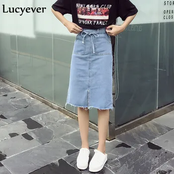 Lucyever Vintage plauti denim moterų sijonai Vasaros padalinta korėjos midi sijonai kietas atsitiktinis preppy stilius varčias, džinsai, sijonai, ponios
