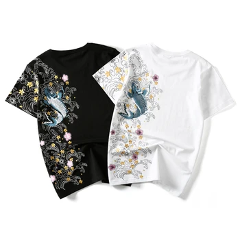 Lyprerazy Retro Japonija Siuvinėjimas, Marškinėliai Koi Žuvų Spausdinti Baltos Viršūnės Tees Vasaros Harajuku Vyrų Hip-Hop Marškinėlius Streetwear T-Shirt