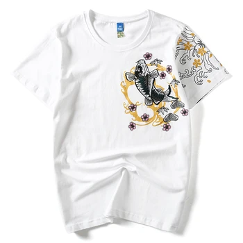 Lyprerazy Retro Japonija Siuvinėjimas, Marškinėliai Koi Žuvų Spausdinti Baltos Viršūnės Tees Vasaros Harajuku Vyrų Hip-Hop Marškinėlius Streetwear T-Shirt