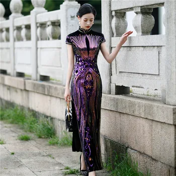 Mados Aksomo Blizgučiais Cheongsam Kinų Stiliaus Suknelė Ilgai Cheongsam Qipao Suknelė Kinija Plius Dydis Moterų Drabužiai, Suknelės, Šaliai