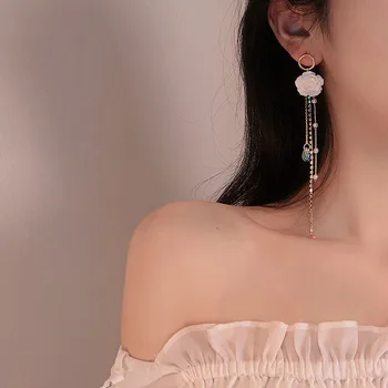 Mados Balta Dervos Rožių Gėlių Kutas Ilgi Auskarai Moterims 2020 Naujų Papuošalų Korėjos Stilių Brincos