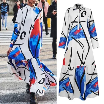 Mados Grafiti Print Long Maxi Suknelė Moterims, Elegantiška Biuro Suknelės Celmia 2021 M. Rudenį Ilgomis Rankovėmis Atvartas Raukiniai Skraiste Streetwear