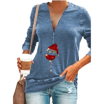 Mados Kalėdų Skrybėlę Vyno Stiklo T-shirt Moterų Atsitiktinis Rudenį Užtrauktukas V-Kaklo, ilgomis Rankovėmis Viršuje Lady Gatvės Plius Dydžio Mėlyna Tees 5XL