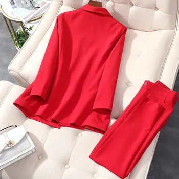 Mados kostiumas kostiumas moterims pavasario Nauji aukštos kokybės Raudona Dvigubo Breasted verslo kostiumas + kelnės Dviejų dalių OLIS kostiumas moterims, dydis M-5XL