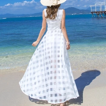 Mados Moteriški Black White Beach Ilga Suknelė 2019 Naujas Vasaros Berankovis O-Kaklo Pledas Bohemijos Maxi Suknelė Ponios Drabužius