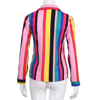 Mados Moterų ilgomis Rankovėmis Prarasti Palaidinė 2018 Naujas Rainbow Dryžuotas Atsitiktinis Topai Marškinėliai Rudenį-Vasaros Moterų V-kaklo, Mygtukas-up Marškinėliai