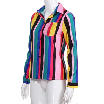 Mados Moterų ilgomis Rankovėmis Prarasti Palaidinė 2018 Naujas Rainbow Dryžuotas Atsitiktinis Topai Marškinėliai Rudenį-Vasaros Moterų V-kaklo, Mygtukas-up Marškinėliai