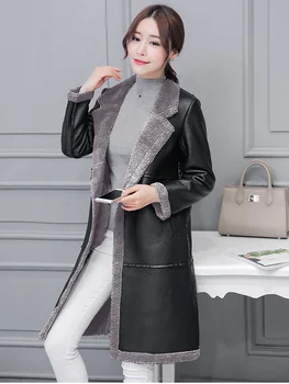 Mados moterų plius kašmyro odos striukė žiemos kailių paltai korėjos versija ilgomis rankovėmis odinė striukė kašmyro paltas