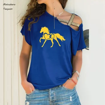 Mados naujų arklių širdies spausdinti marškinėliai moterims vasaros seksualus Nereguliarus peties marškinėlius Didelio dydžio 5xl trumpomis rankovėmis Moterims Drabužių Te