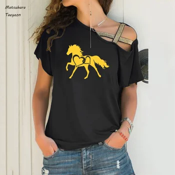 Mados naujų arklių širdies spausdinti marškinėliai moterims vasaros seksualus Nereguliarus peties marškinėlius Didelio dydžio 5xl trumpomis rankovėmis Moterims Drabužių Te