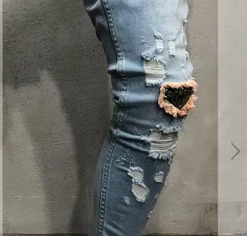 Mados Naujų Vyrų skylę ženklelis siuvinėjimo džinsinio audinio kelnės kelnės, vyriški streetwear hiphop liesas Atsitiktinis Pleistras Džinsai