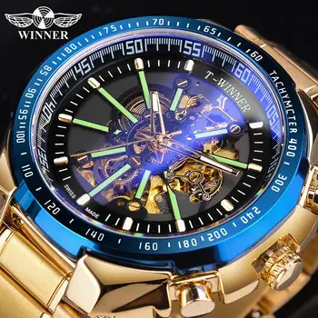 Mados Nugalėtojas Mėlyna Šviesa Stiklo Naujas Vyrai Laikrodžiai Juoda Aukso Visą Nerūdijančio Plieno, Atsparus Vandeniui Sporto Automatinis Šviesos Laikrodžiai