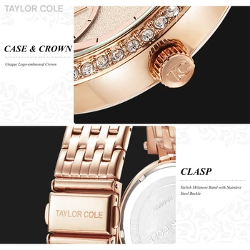 Mados Prekės ženklo Taylor Cole Rose Golden Lady Moterų Data Kvarcas Nerūdijančio Juosta Kristalų Laikrodžių Relogio Feminino Laikrodžiai /TC133