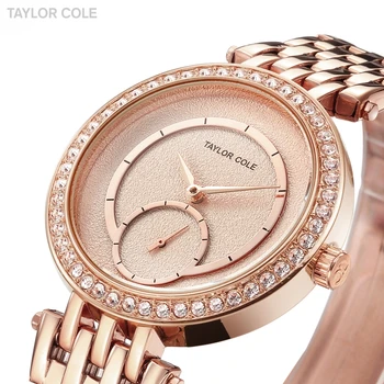 Mados Prekės ženklo Taylor Cole Rose Golden Lady Moterų Data Kvarcas Nerūdijančio Juosta Kristalų Laikrodžių Relogio Feminino Laikrodžiai /TC133