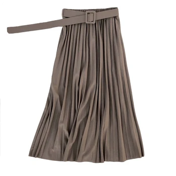 Mados Rudens-Moterims, elegantiškas Retro plisuotos kelnės moteriška 2021 Aukšto liemens sijonas su Diržu Šifono Plisuotos midi ilgio sijonai womens