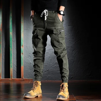 Mados Streetwear Vyrų Džinsai Aukštos Kokybės Palaidi Tinka Multi Kišenės Žalia Atsitiktinis Krovinių Kelnės Hombre Haremo Kelnės Hip-Hop Poilsiu