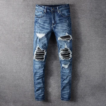Mados Streetwear Vyrų Džinsai Aukščiausios Kokybės Prekės Dizaineris Sunaikinta Ripped Jeans Vyrai Džinsinio Audinio Punk Kelnes Elastinga Hip-Hop Liesas Džinsus