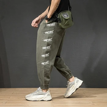Mados Streetwear Vyrų Džinsai Palaidi Tinka Spausdinti Dizaineris Haremo Kelnės Cargo Kelnės, Žalios Spalvos Hip-Hop Džinsai Vyrams Poilsiu Kelnės