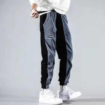 Mados Streetwear Vyrų Džinsai Palaidi Tinka Spliced Dizaineris Atsitiktinis Velvetas Krovinių Kelnės Haremo Kelnės Japonų Hip-Hop Jogger Kelnės