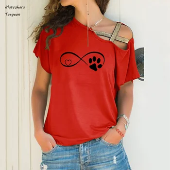 Mados trumpomis Rankovėmis marškinėlius Atsitiktinis vasaros Šuns, Katės Letena Meilės marškinėlius moterų 2020 m. sexy Nereguliarus peties moterų drabužių tee viršūnės