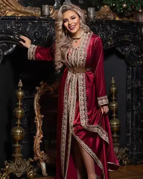 Maroko Caftan Vakaro Suknelės Karoliukų, Rankų Darbo Musulmonų bordo aukso išsamiai arabų Abaja promenadzie Suknelė chalatas de soiree