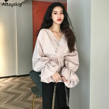 Marškinėliai Moteriški Kietas Elegantiškas, Seksualus Ponios Blyksnius Rankovės Varčias V-Kaklo Madinga Nauja Korėjos Stiliaus Stilingas Kpop Atsitiktinis Tunika Nauja Mada