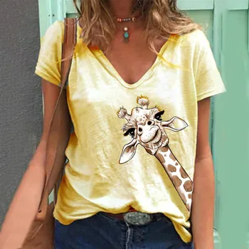 Marškinėlius atsitiktinis vasaros žirafa, print T shirts Naujas moterų animacinių filmų atsitiktinis marškinėliai lady trumpomis rankovėmis viršūnes tees marškinėliai, drabužiai