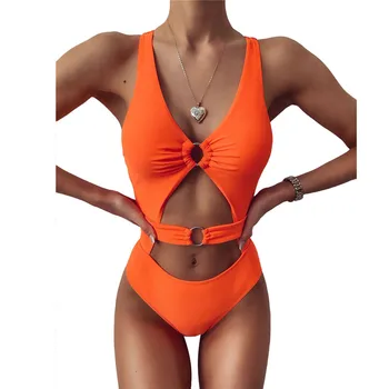 Maudymosi Kostiumėlį Moteris 2020 Kietos Oranžinės Vientisi Maudymosi Kostiumėliai Moterims, Bodysuit Tvarstis Kaklaraištis Diržas Plaukimo Kostiumas