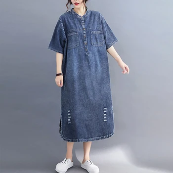 Max LuLu Vasaros 2020 Naujų Korėjos Mados Stilius Ponios Prarasti Suknelės, Moteriški Atsitiktinis Derliaus Džinsinio Audinio Suknelė Elegantiškas Plus Size Vestidos