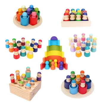 Mediniai Vaivorykštė Blokai Montessori Žaislai 12 Draugais Peg Lėlės Įstaigų Kūdikių Apsimesti Žaisti Žmonių, Skaičiai, Formos, Vaikams Mokomieji Žaislai