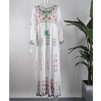 Medvilnės gėlių aplikacija maxi suknelė o-kaklo kutas ilgomis Rankovėmis balti Vasaros suknelės Derliaus boho chic moterų aprangos prekės ženklo drabužių