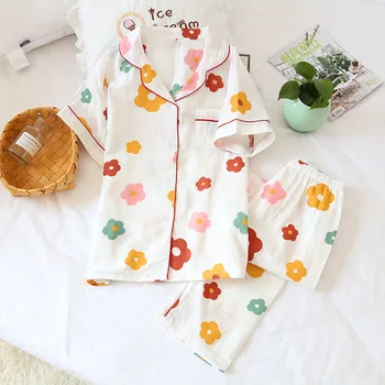 Medvilnės Marlės, Pižamos Moterims trumpomis Rankovėmis, Pajama Komplektai Ponios Mielas Pledas Japonijos Paprasta Sleepwear Homewear Pijamas Mujer
