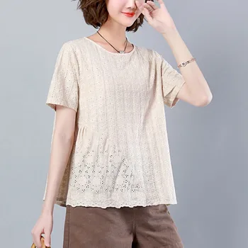 Medvilnės Moterims Palaidinės, Marškinėliai Naujų 2020 M. Vasarą Korėjos Stiliaus Tuščiaviduriai Iš Siuvinėjimo Aukštos Kokybės Moterų Atsitiktinis Topai Marškinėliai P1267