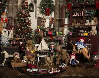 Medžių Viršūnėmis Žaislas Meškiukas Traukinio Vaikų Kambario foto fonas Aukštos kokybės Kompiuteris spausdinti kalėdų fotografijos fonas