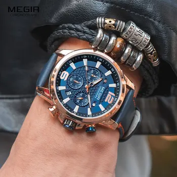 MEGIR Mėlyna Laikrodžiai Vyrams Karinės Sporto Chronograph Kvarcas Žiūrėti 2020 Prabangos Prekės Odos Juosta atspari Vandeniui Šviesos Laikrodis Vyras