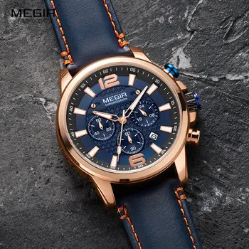 MEGIR Mėlyna Laikrodžiai Vyrams Karinės Sporto Chronograph Kvarcas Žiūrėti 2020 Prabangos Prekės Odos Juosta atspari Vandeniui Šviesos Laikrodis Vyras