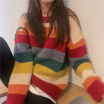 Megzti Megztinis, Vintage Vaivorykštės Spalvos Dryžuotas Džemperis Moterims Autuun Žiemos Moterų Korėjos Stilius Laisvas Atsitiktinis Puloveriai Šiltas Viršūnės