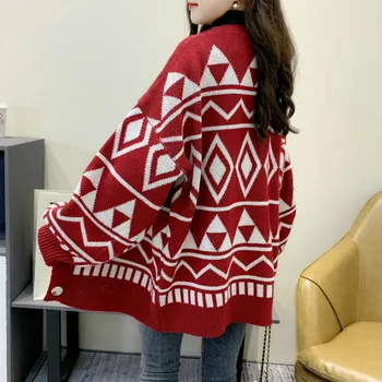 Megztiniai Moterims, Geometrinis Vieną Krūtinėmis Temperamentas V-Kaklo Prarasti Harajuku Moterų Megztinis Stilingas Paplitusi Rudenį Korėjos Stiliaus