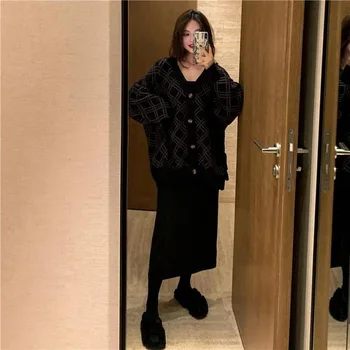 Megztiniai Moterims, Geometrinis Vieną Krūtinėmis Temperamentas V-Kaklo Prarasti Harajuku Moterų Megztinis Stilingas Paplitusi Rudenį Korėjos Stiliaus