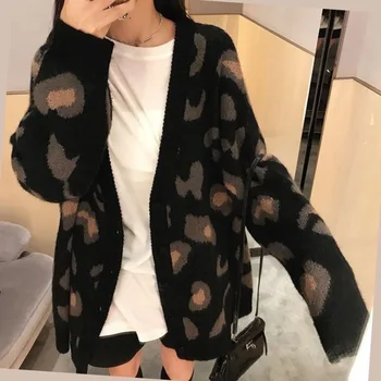 Megztinis Moterų Plius Dydis 3XL Prarasti Leopard Viršutiniai drabužiai Prašmatnus Rudenį Moterų Street Wear Saldus korėjos Stiliaus Šilta Mada Patogus