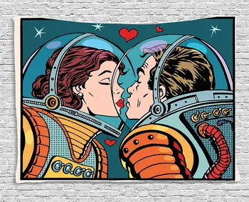 Meilė Dekoro Gobelenas Kosmoso Vyras Moteris Astronautai Bučiavosi Mokslo Kosmosas Fantazijos Pora Pop Art Stiliaus Subtilios Spausdinti Sienos Kabo
