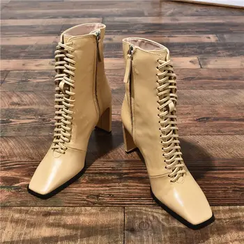 MEMUNIA 2020 Naujas mados prekės ženklo nėriniai-up batai kvadratinės pėdos storio aukšti kulniukai rudens-žiemos batai moterims, batai ponios batai