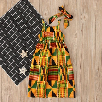Merginos Afrikos Drabužiai Vaikams heidi bazin Riche Dashiki Mados Mielas Suknelės Dryžuotas Spausdinti Rompers Kūdikių su Lankelis