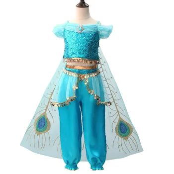 Merginos Princesė Jasmine Cosplay Kostiumų Aladin Šokių Princesė Dress Aladdin ' s Žibinto Magija Cosplay Kostiumų Nustatyti 3pcs Viršuje+Kelnės+Apsiaustu