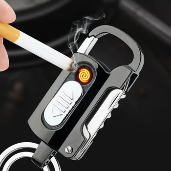Metalo Keychain Žiebtuvėlių, USB Įkrovimo Žiebtuvėlis su Žibintuvėlis Mažas Peilis Lauko Įrankiai Cigarečių Žiebtuvėlių, Rūkyti Priedai