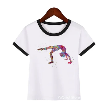 Mielas akvarelė gimnastika dizaino marškinėliai, vasaros mergaitės drabužius, balta, sporto salė t-shirt vaikų Užsakymą marškinėlius viršuje studentams