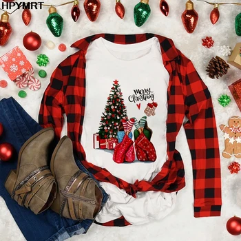 Mielas katė su Kalėdų skrybėlę Spausdinti Moterys T-shirt Mados Trumpas Rankovės O-neck T Shirt Viršuje Drabužių Harajuku Linksmų Kalėdų Tee