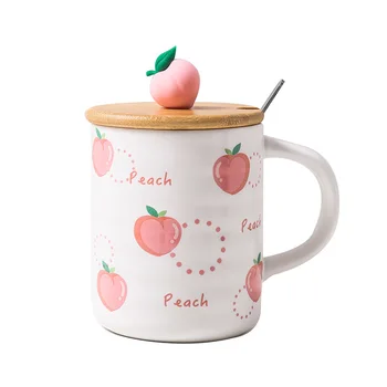 Mielas persikų vandens puodelio, Puodelis su šaukšteliu keramikinis puodelis su dangteliu kavos, sulčių, pieno puodelis office arbatos puodelio