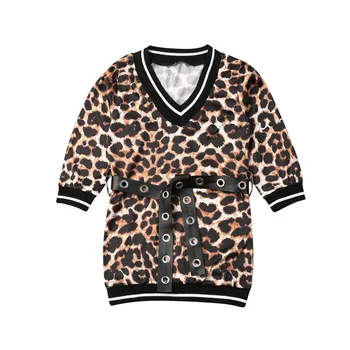 Mielas Pyplys Naujagimiams, Vaikams, Kūdikių Mergaitės Leopard Print Long Sleeve Top Marškinėliai Suknelė su Odos Diržas Šalies Vaikų Suknelė